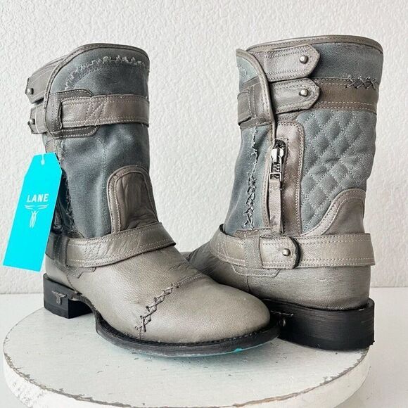 Lane Dustoff Women’s Western Moto Boots Gray Leather Harness Zip Ankle Size 8 - Picture 1 of 12